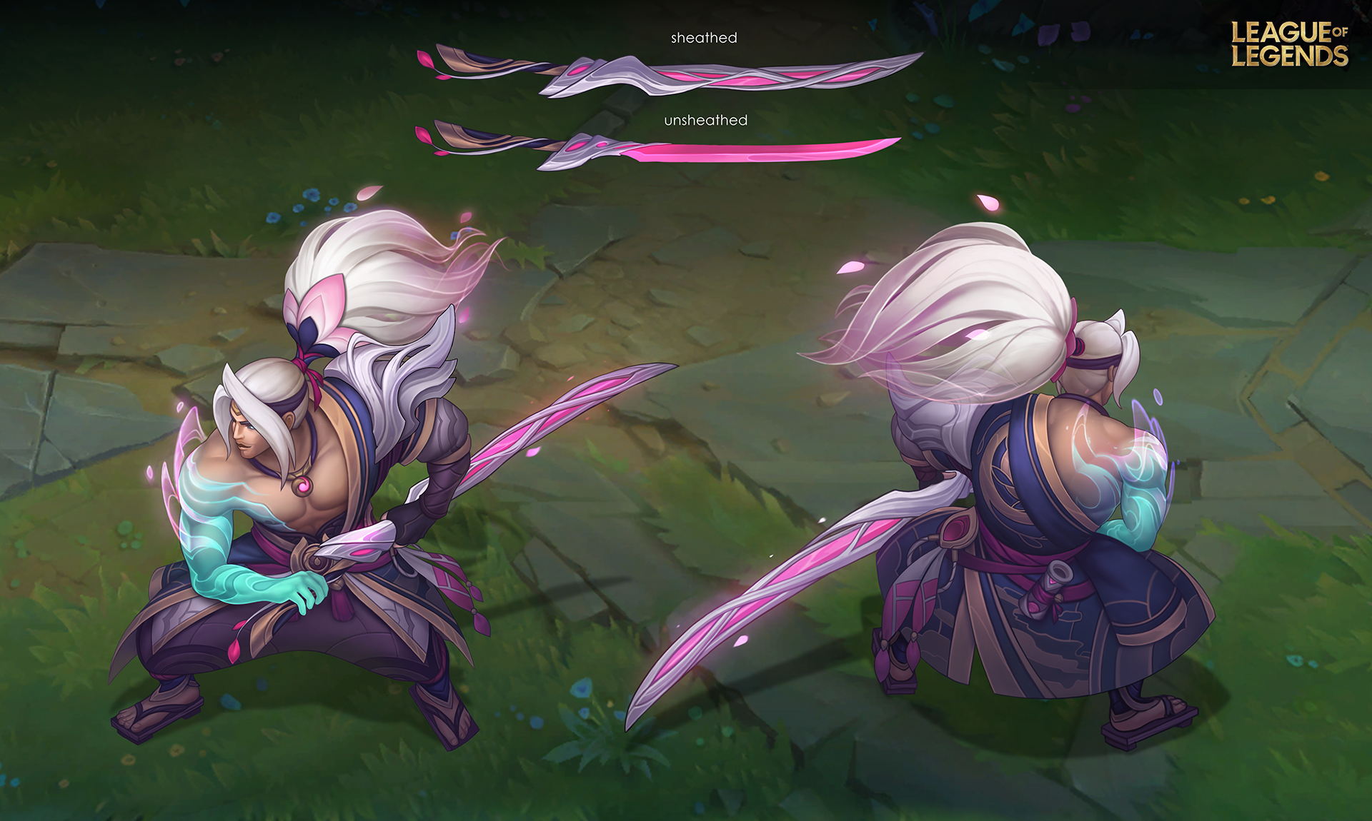 this digital artwork showcases concept art for a spirit blossom yasuo skin from league of legends. the image presents two views of the character: a frontfacing perspective showing yasuo in a fighting stance and a rear view. yasuo is depicted as a muscular samurai, sporting flowing white hair adorned with pink blossoms. he wields a pair of ethereal pink and purple katanas, one sheathed and one unsheathed. glowing, cyancolored tattoos or markings are visible on his arms. the background features a lush green landscape with hints of pink blossoms, further enhancing the ethereal atmosphere. the art style is animeinspired, with meticulous attention to detail in both character and environment. the top of the image also shows separate closeups of the sheathed and unsheathed swords, illustrating their unique design.  the league of legends logo is visible in the upper right corner.