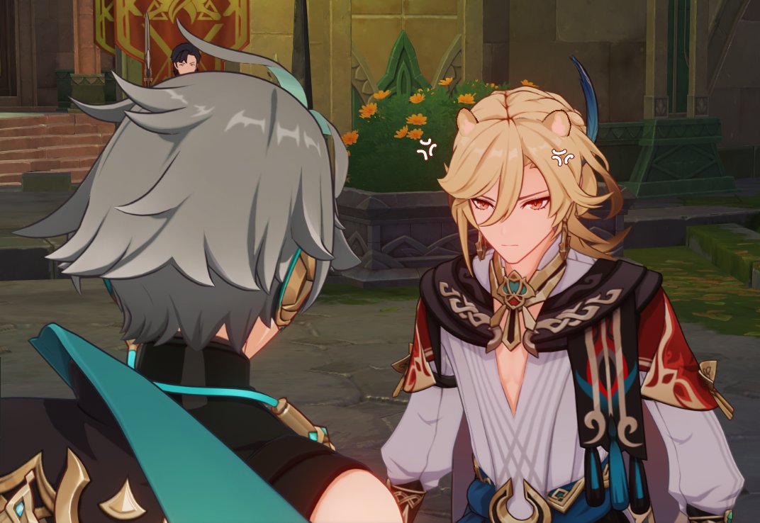 two anime characters are standing in front of each other, they are both dressed in elaborate clothes. the blonde character is male and is looking at the grey haired character in front of him with an annoyed expression, while the grey haired character looks away from the blond, with a more neutral expression on their face.  the image is from the game "genshin impact".