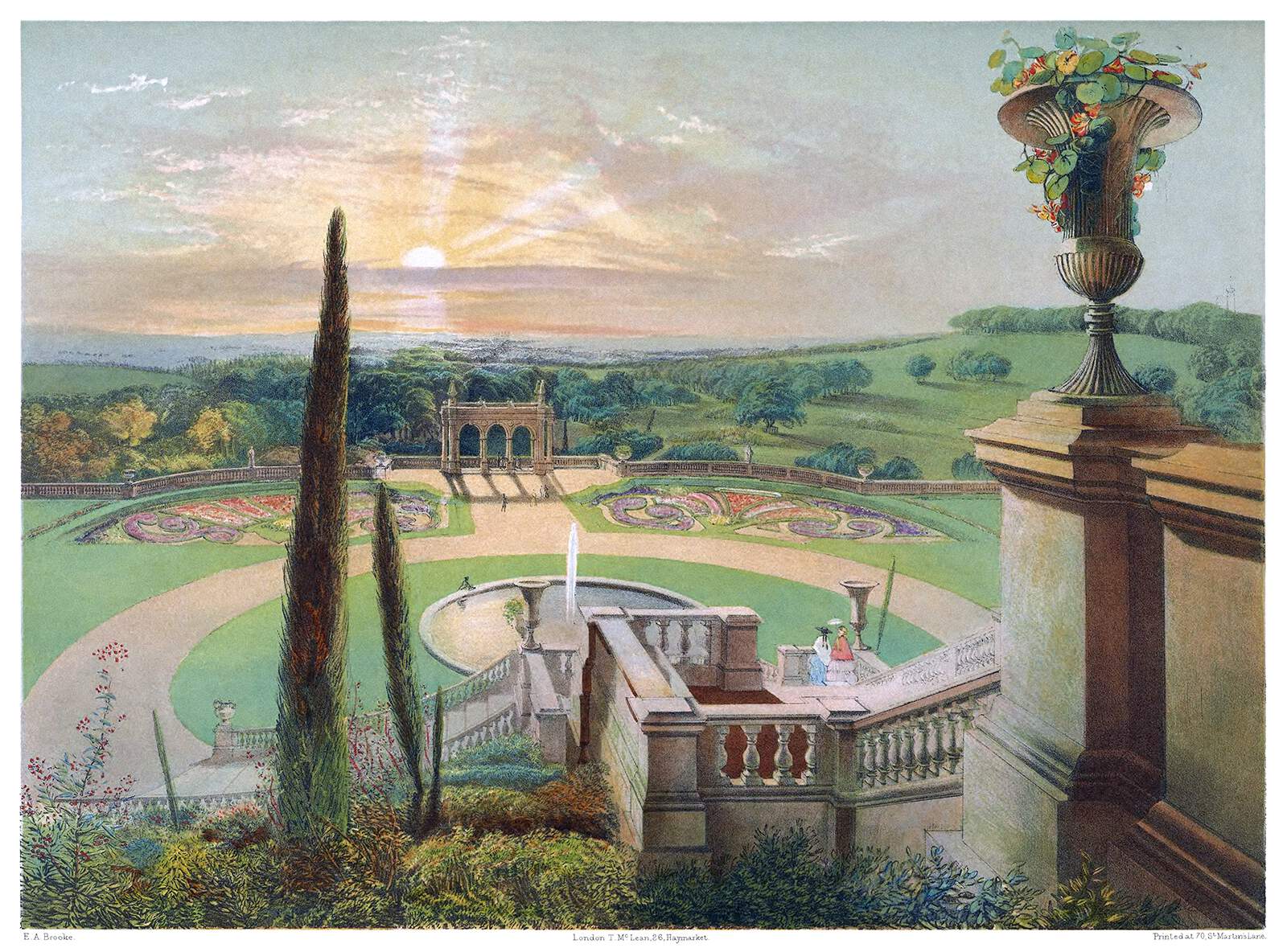 a painting of a formal garden at sunset. in the foreground is a stone terrace with a balustrade and an urn overflowing with flowers. below the terrace is a garden with paths, flowerbeds arranged in ornamental patterns, and a fountain in the center. in the background is a pavilion and trees, with a sunset sky above. people can be seen on the terrace and in the garden.