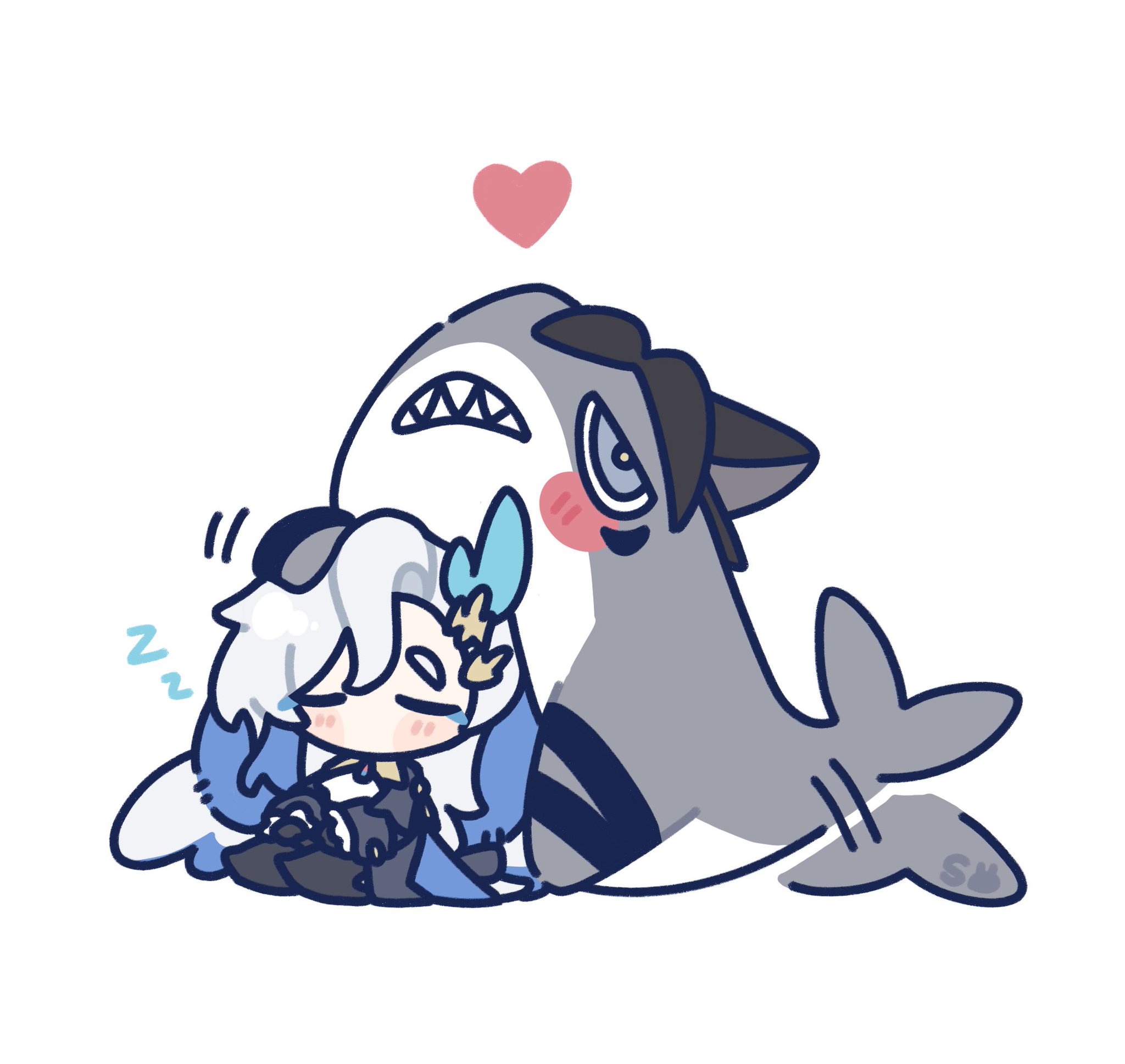 this is a digital drawing of a chibistyle ganyu from genshin impact sleeping and cuddling with a shark.  the art style is cute and soft, with pastel colors.  a small heart floats above their heads. ganyu is shown with her signature hair and outfit, while the shark is friendlylooking. the overall mood is sweet and affectionate.
