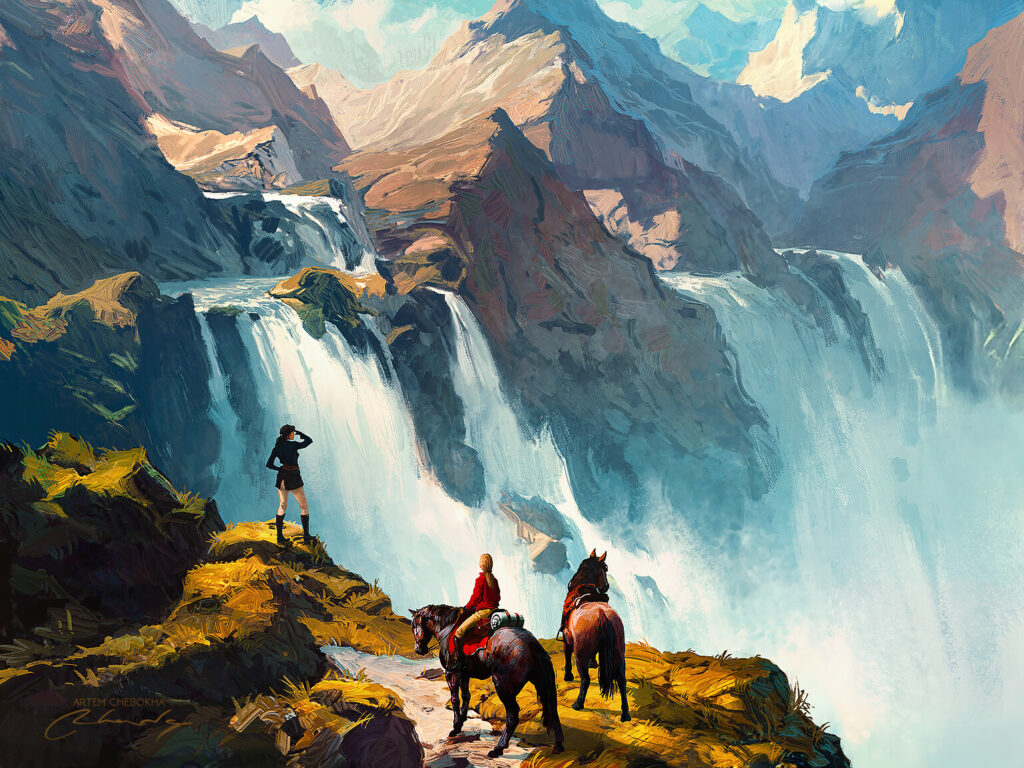 the image is an art piece showing a grand waterfall cascading down a mountainside. two riders on horseback are positioned on a path in the foreground. another woman is standing on the left.  they seem to be enjoying the breathtaking view of the waterfall and the mountain landscape.