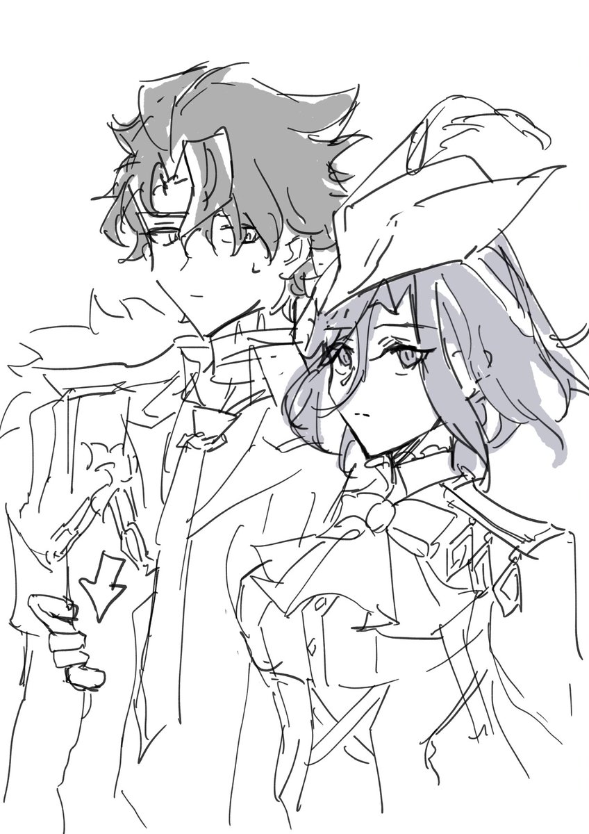 a black and white sketch of an anime couple. the girl is on the right side of the image, and she has long hair with a headband. she's wearing a dress and a jacket. the boy is on the left side of the image, and he has short hair. he's wearing a shirt, a jacket, and pants. they are both smiling and looking at each other. they appear to be friends or possibly romantically involved. the drawing is done in a simple, clean style. it's a cute and endearing image.