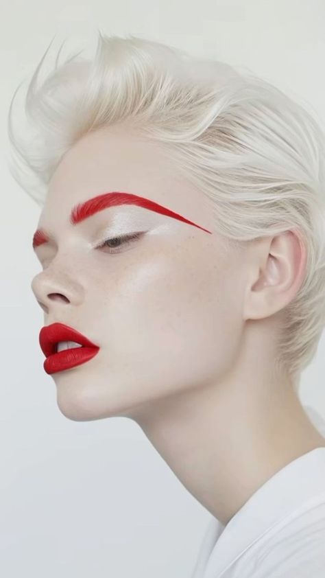 a sideview closeup of a woman with pale skin, platinum blonde short hair, red lips, and strikingly red eyebrows. she is wearing makeup and positioned against a white background. the image appears to be a beauty or fashion shot.