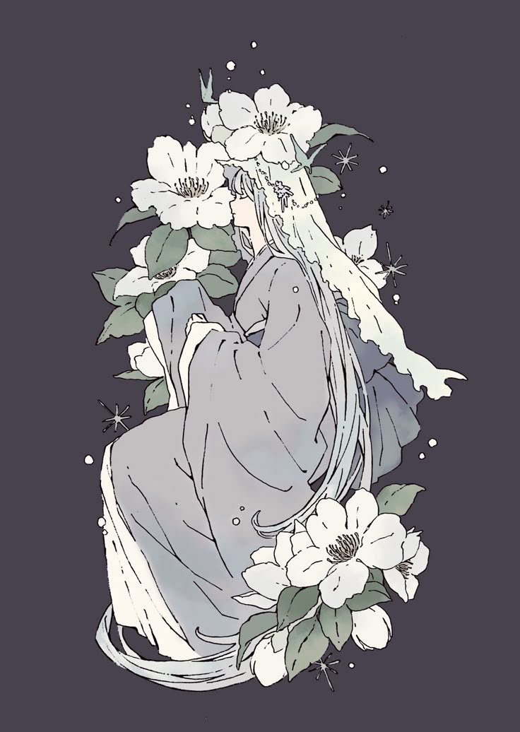 the image is a side profile illustration of a woman with long, flowing hair wearing a gown, surrounded by white flowers and leaves. she is sitting, and sparkles are scattered around the image. the color palette is mostly grey and white with a dark background.