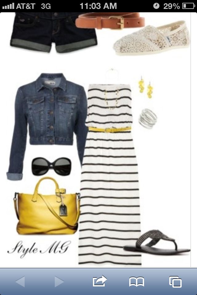this image features a collection of clothing items and accessories arranged to create a stylish outfit. the ensemble includes dark denim shorts, a brown leather belt, beige loafers, a cropped denim jacket, a strapless maxi dress with horizontal black and white stripes and a yellow belt, black sandals, yellow dangling earrings, silver rings, black sunglasses, and a yellow handbag. the arrangement suggests a complete, coordinated look.