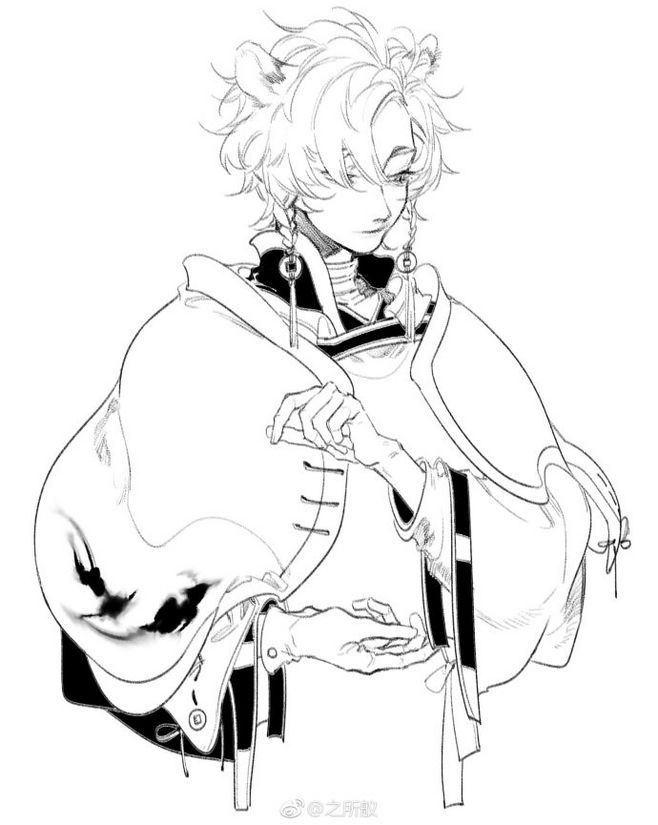 the image is a black and white line drawing, seemingly a character design sketch from anime or manga style.  the character is depicted from the chest up, with long, wavy hair styled with what appears to be cat or lionlike ears at the temples.  they are wearing elaborate, flowing clothing with asianinspired elements, including a long robe with a high collar and detailed sleeves. the character wears long dangling earrings and has a somewhat pensive expression. the hands are prominently featured, with detailed gestures. the overall style is elegant and stylized, with a focus on clothing and character design details. the sketch appears unfinished, with some shading done through lines and values to convey depth.