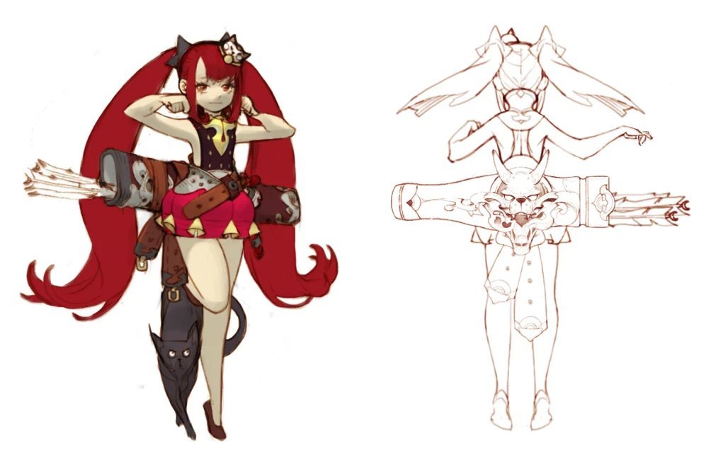 the image shows a digital art illustration of an anime girl with red hair and a bow and arrow. she is wearing a red and black outfit with a quiver of arrows on her back. she has a black cat by her side. the image also shows a line art version of the girl, as well as a closeup of the quiver. the art style is cute and colorful.