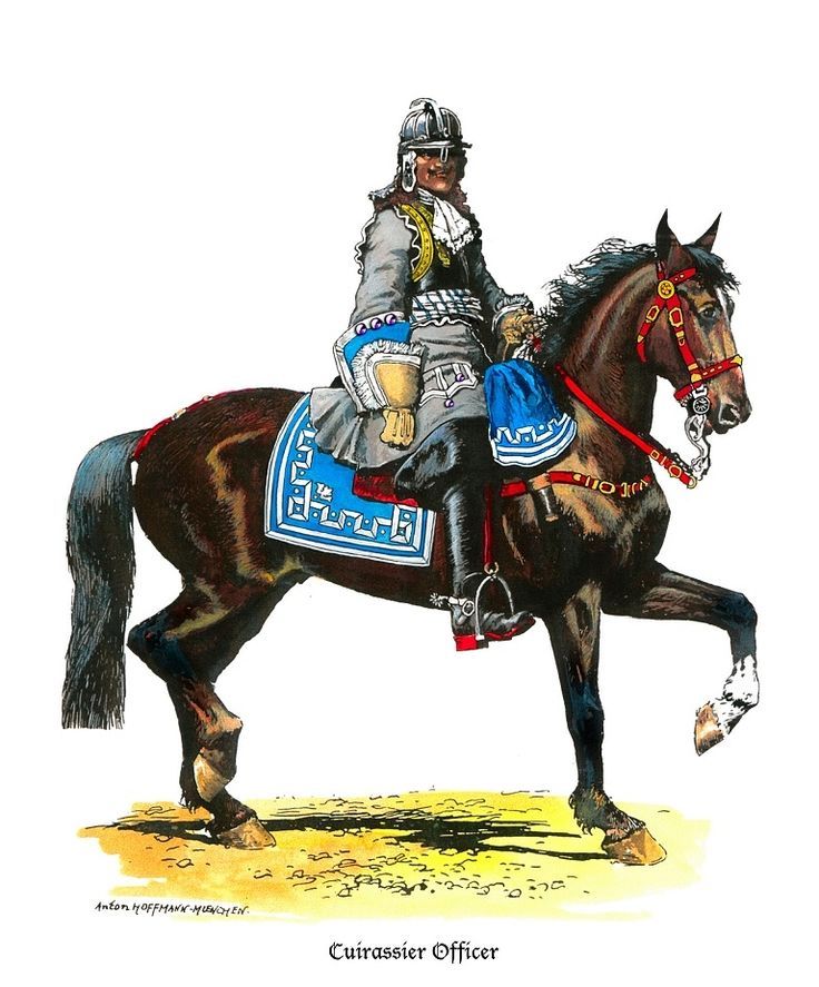a painting of a cuirassier officer on horseback. the officer is wearing a helmet with a plume, a breastplate, and a blue and red coat with gold trim. he is holding a sword in his right hand and riding a brown horse. the horse is wearing a blue and white saddle cloth and a red and gold bridle. the painting is set against a white background.  the artwork is by anton hoffmannmünchen.