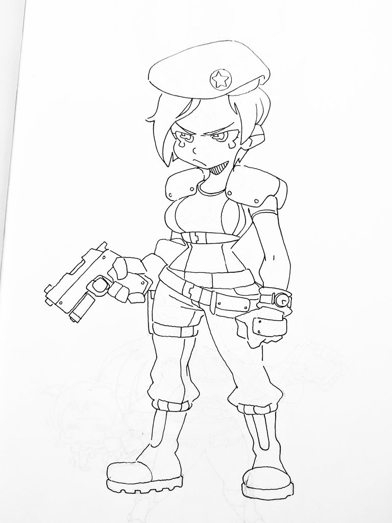 this is a black and white sketch of a female anime soldier wearing a beret, holding a gun. she is standing in a relaxed pose with her arms down.