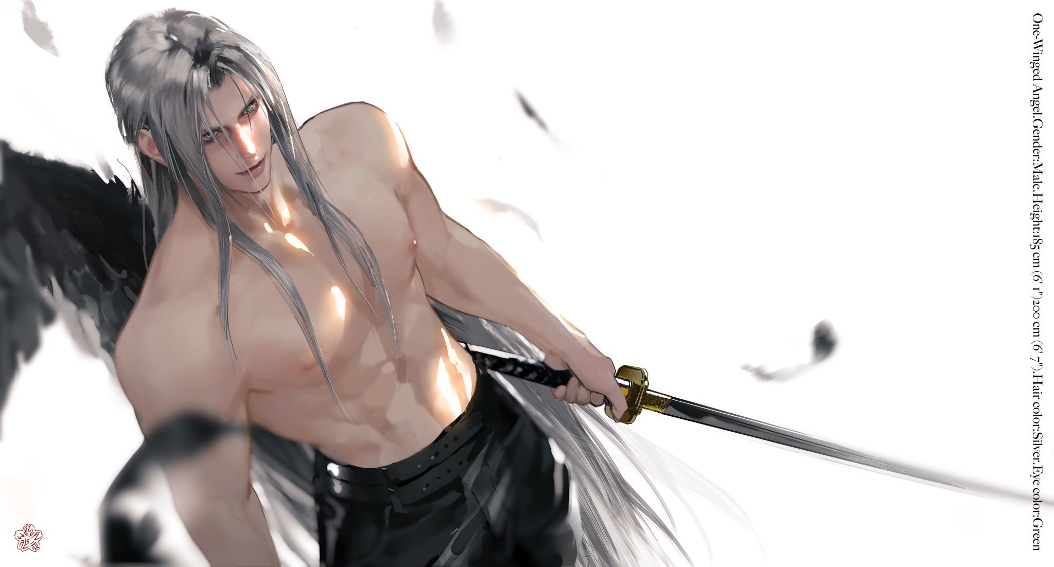 this is a digital illustration of a handsome, muscular, young man with white hair and green eyes. he is shirtless and has black angel wings that are partially obscured behind him. he is holding a katana in one hand and is looking intensely at something out of frame. the background is white with blurry black shapes that suggest movement or energy.  the art style is anime/manga and the overall feeling is one of action, power, and mystery.