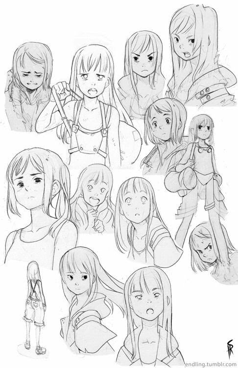 a black and white sketch page featuring numerous drawings of the same animestyle girl. she is depicted in various poses and expressions, showcasing a range of emotions from sadness and anger to curiosity and determination. the style is loose and expressive, focusing on capturing the character's personality.