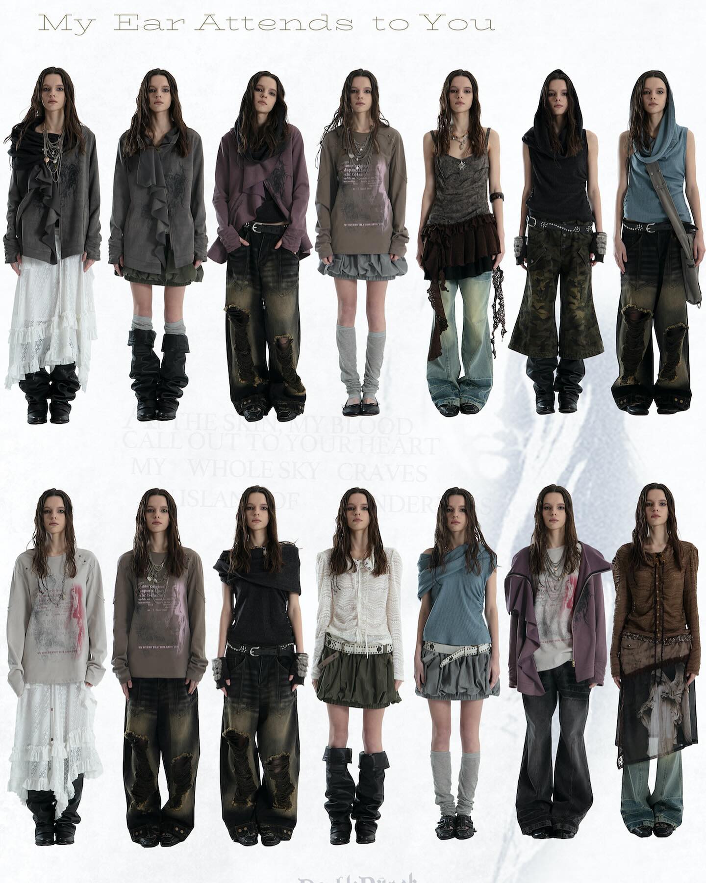 he image showcases a collection of dark, alternative fashion.  two rows of ten female models are displayed against a white background. each model is wearing a unique layered outfit, blending grunge and gothic aesthetics.  the clothing features distressed fabrics, ripped details, and dark color palettes. the overall style is edgy and avantgarde, with a focus on layering different textures and silhouettes. the models are posed uniformly, standing with their bodies facing the viewer.  the image title, "my ear attends to you," suggests a theme of listening or attentiveness, though this is not explicitly shown in the clothing or poses.
