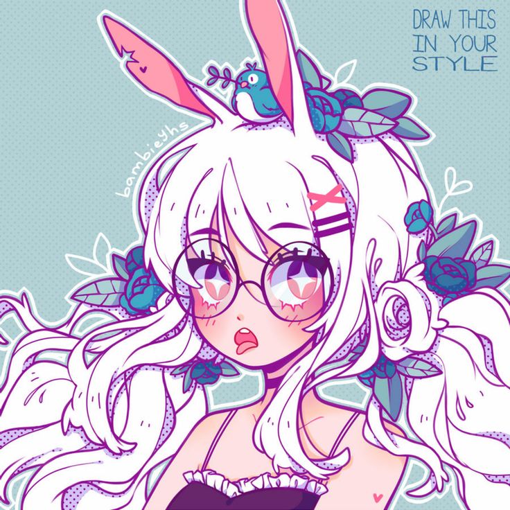 a cute anime girl with long white hair, bunny ears, and glasses. she is wearing a black dress with a flower design. there are blue and purple flowers in her hair. the background is a light blue. the text on the right says "draw this in your style".