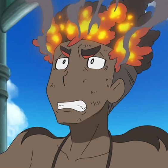 this image appears to be a screenshot or a still from an animation, likely a cartoon or anime. the image is a closeup of a male character. he appears to be a young man with exaggerated features, common in animation styles. he has brown skin and stylized, flamelike hair that's a mix of orange, yellow, and red, with hints of gray smoke rising from it. his expression is a mix of shock, surprise, and worry, with wide eyes and an open mouth. his eyebrows are raised, adding to the overall expression of alarm. he appears to be outside, as indicated by the blue sky with a few wispy clouds in the background, and part of a light blue building is visible on the left side of the image.