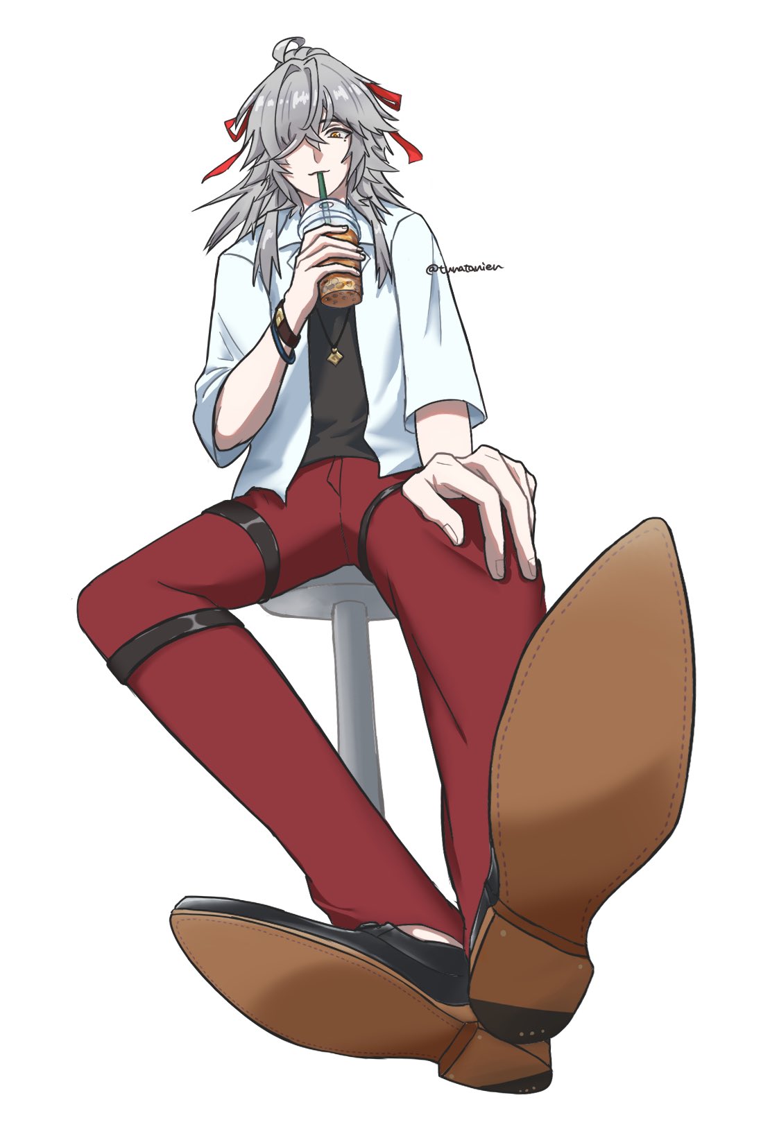 a young, cartoon anime character sits in a chair wearing red pants, a white shirt, and black shoes. he is holding a brown cup in his hand, drinking from a straw. he is wearing a black wristwatch and a necklace, and he has long, white, wavy hair with red ribbons. he is gazing at the viewer with a slight smile.