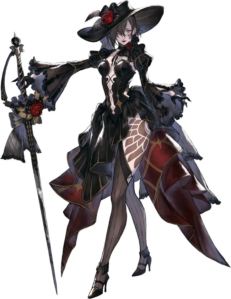 a female character in a stylized gothic outfit stands holding a sword. she wears a black dress with gold trim, a large black hat with roses, and thighhigh stockings with a spiderweb design. the dress features a revealing neckline and a high slit, showcasing her figure. the sword is equally ornate, with a detailed hilt and a ribbon tied around the blade. her pose is confident and slightly seductive.  the background is plain white, drawing all attention to the character and her attire.