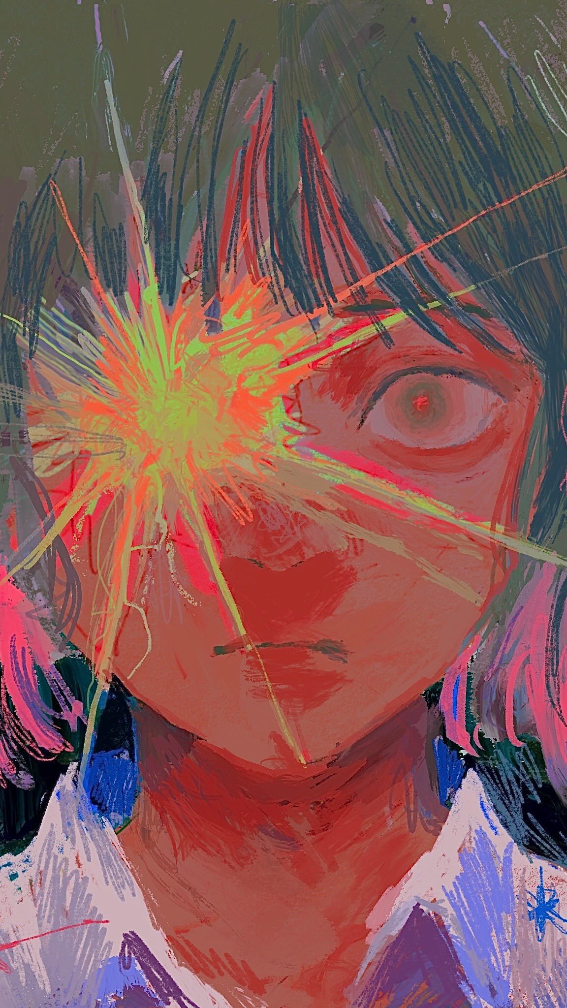 the image is a vibrant, abstract digital painting depicting a stylized portrait of a young woman.  the style is expressionistic and surreal, using bold, clashing neon and warm colors. a significant feature is a bright, starburstlike explosion emanating from the woman's eye, which dominates much of the canvas. the woman's face is rendered with thick, textured brushstrokes, conveying a strong sense of emotion.  her hair is dark and somewhat spiky. the overall effect is chaotic but captivating, suggesting intense emotion or a moment of inner turmoil. the piece has an anime or mangainspired feel due to the character design and stylistic choices.