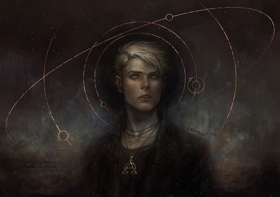 the image is a stylized portrait of a young man with short white hair and striking light eyes set against a dark, cosmic background. golden lines form a celestial pattern around his head, evoking orbits and astronomical charts. he wears a simple black shirt and a silver necklace with a circular pendant bearing an alchemical symbol. his expression is serious and contemplative, with a hint of melancholy.