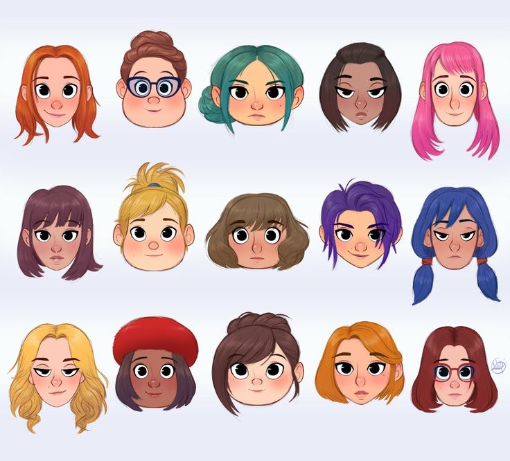 the image shows a collection of fifteen cartoonstyle portraits of female characters. the characters are diverse in terms of skin tone, hair color, and hairstyle. each character has a round face, big eyes, and a simplified facial structure, giving them a cute and expressive appearance. the hairstyles vary, including buns, bangs, pigtails, and different lengths of loose hair. some characters wear accessories such as glasses and a beret. the artwork is colorful and vibrant, suggesting a playful and animated style.