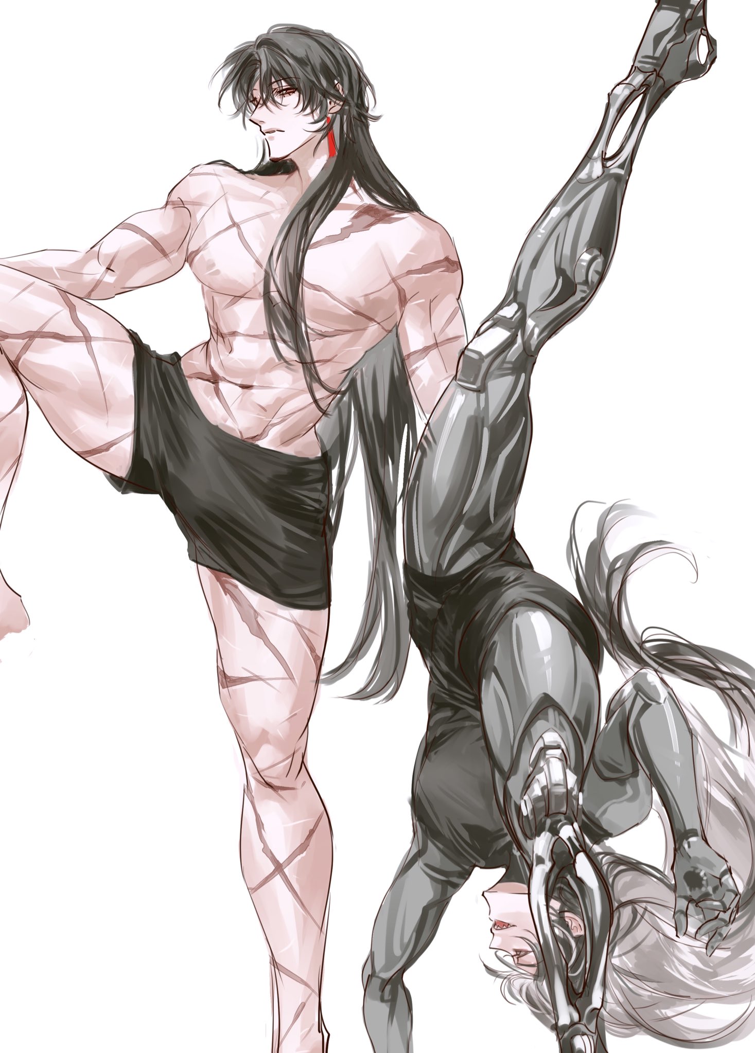 an anime illustration of a male and female character. the male character is standing upright with one leg raised and he's looking at the viewer, he's wearing black shorts, and his body is covered in scars and markings. the female character is bent over with her back facing the viewer, her legs are mostly metallic, she's wearing black pants and a black top and her hair is long and white. the image is drawn in a manga style, with bold lines and shadows.