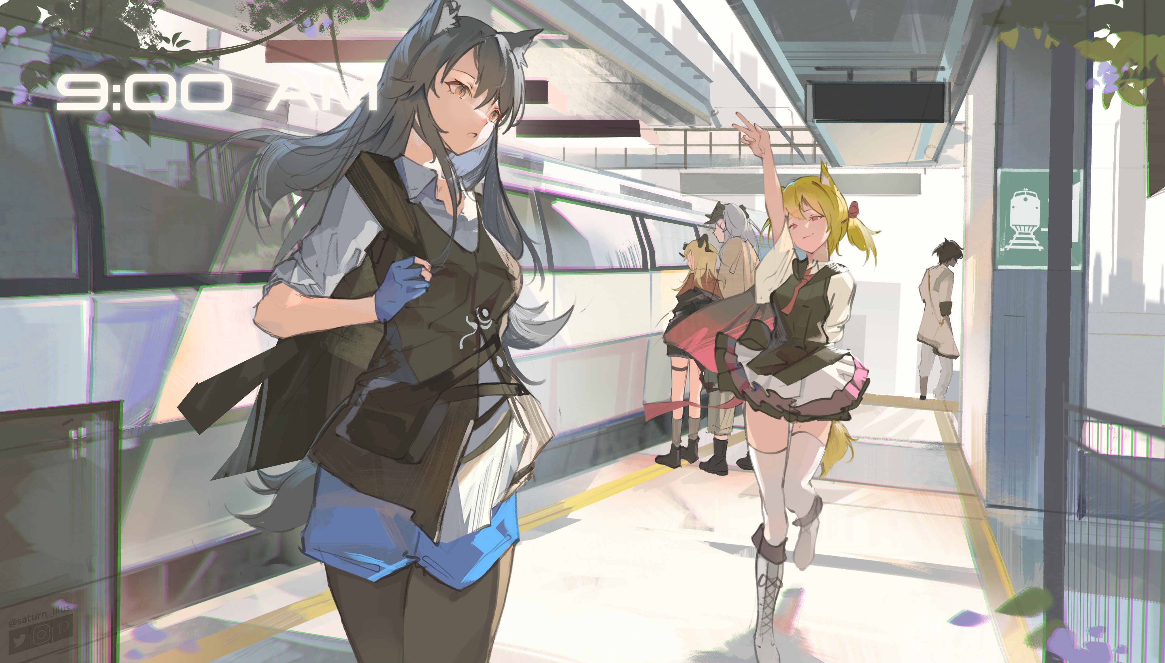 the digital painting shows a group of anime girls at a train station. the focus is on two girls in the foreground. one has wolflike ears and long grey hair and is wearing a brown vest and blue shorts. the other girl has foxlike ears, blonde hair in twintails, and is wearing a darkcolored dress.  they appear to be waiting for a train. in the background, there are other girls and a man, and a train is visible. the overall style is vibrant and expressive. the scene is bathed in sunlight. the setting appears to be a modern city with a sleek train station design.