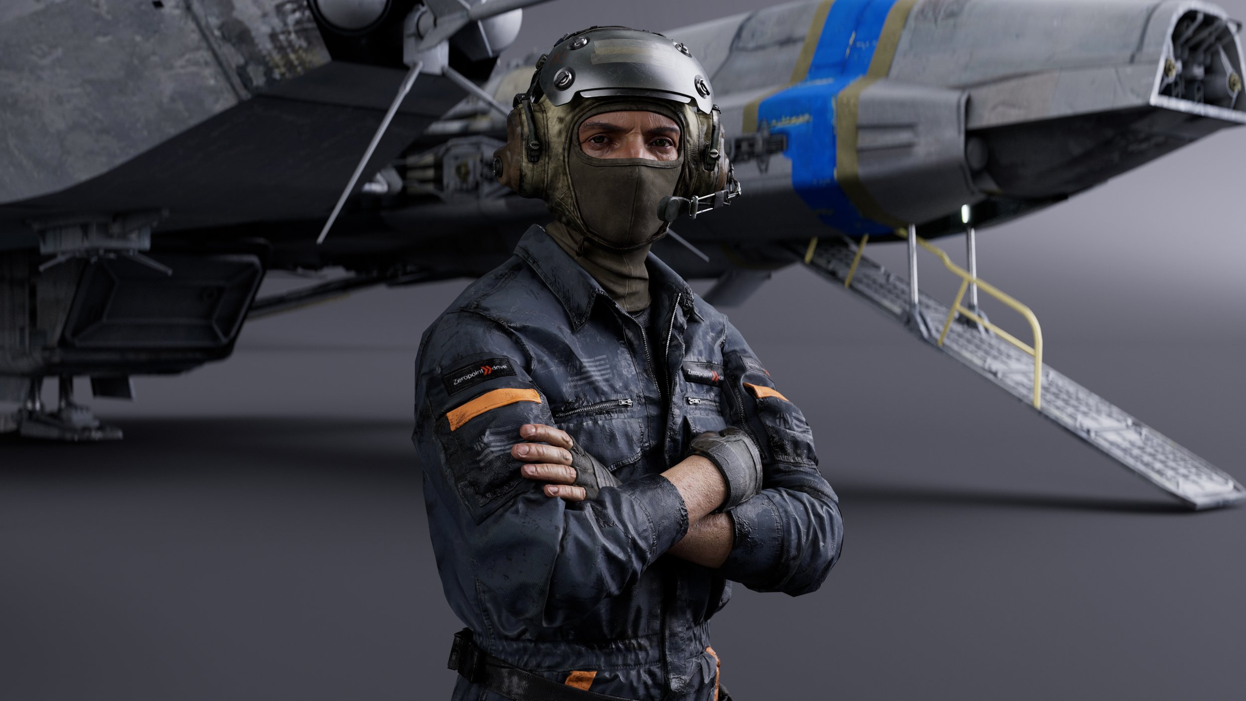 the image is a digital rendering of a person, possibly a pilot or mechanic, standing in front of a futuristic spaceship. they are wearing a dark blue jumpsuit with orange accents, a tactical helmet, and a balaclava.  their arms are crossed, conveying a sense of confidence and seriousness. the spaceship behind them is a detailed, gray aircraft with a boarding ramp partially visible. the overall style is scifi and the lighting and rendering are high quality, giving a realistic and detailed look to both the person and the craft. the background is a muted grey that emphasizes the subject. the logo "zeropoint" is visible on the sleeve of the person's jumpsuit.
