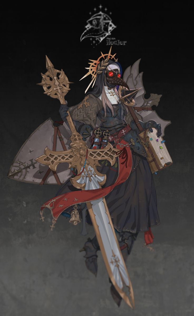 a digital illustration of a fantasy character, a woman dressed in a black and gold nun habit with a plague doctor mask, holding a large sword with a shield on her back. she is surrounded by religious imagery like a halo and a cross.  she is in a dark setting.