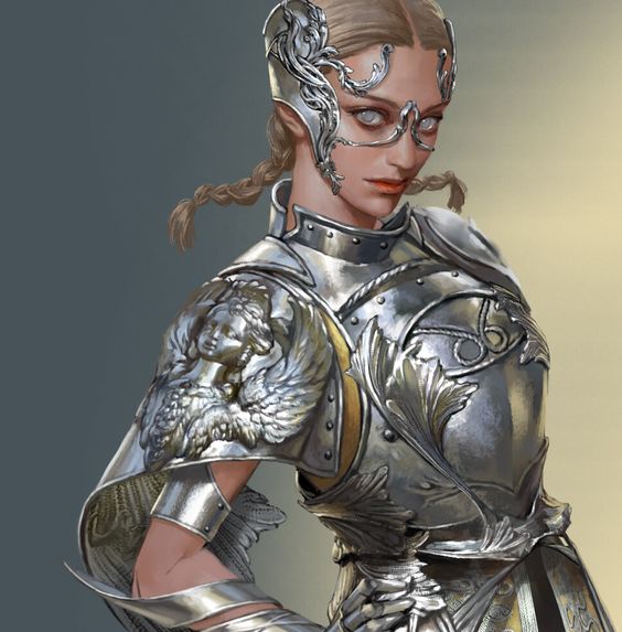 a closeup depiction of a female warrior adorned in ornate silver armor. the armor features intricate details, including angelic figures, floral patterns, and a unique helmet partially obscuring her eyes. the lighting is soft and highlights the metallic sheen of the armor. the background is a neutral gray, drawing focus to the subject.