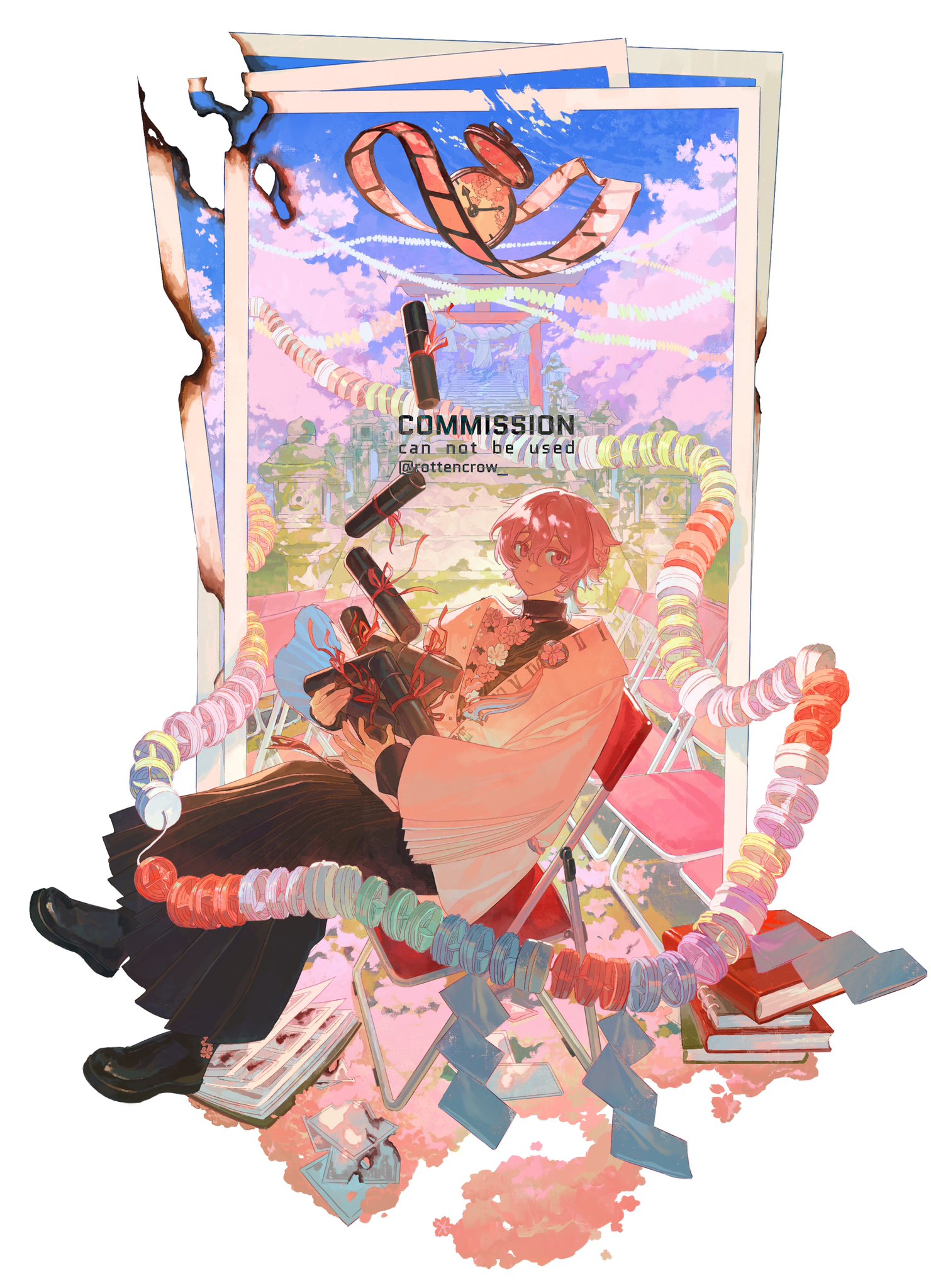 the image is a colorful and whimsical digital painting of an anime girl sitting in a chair surrounded by books, scrolls, and flowers. the background is a bright blue sky with clouds and a pink and green landscape. the girl is wearing a white dress and a pink jacket, and she has pink hair and blue eyes. she looks cheerful and happy, and the overall tone of the image is playful and joyful. the image is a beautiful example of digital art, with a unique and creative style that is sure to appeal to anime and manga fans.  the image is also very detailed and intricate, with a lot of small details and elements that add to its charm. the image is a great example of the power of art to evoke emotions and inspire imagination.