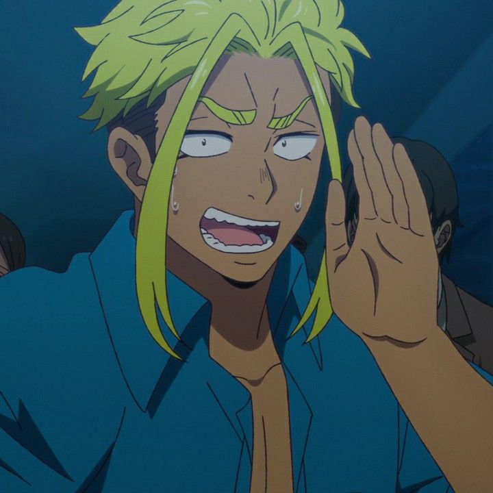 a male anime character with green hair is smiling and raising his hand with a surprised look on his face. he is wearing a blue shirt that is open, revealing his chest. he is sweating with a small amount of sweat dripping from his face.