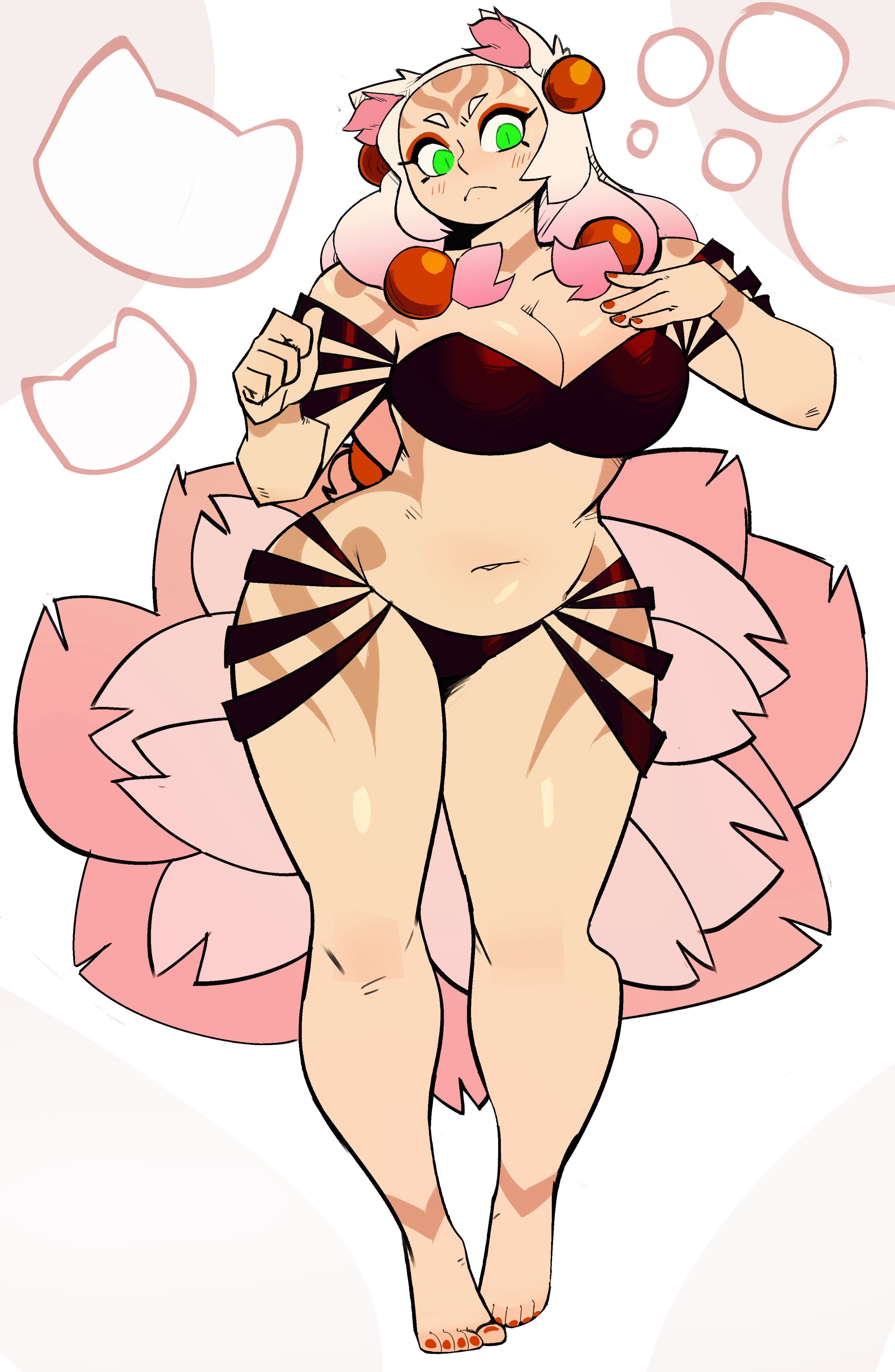 a cute cartoon drawing of a woman with a pink flower behind her. she has cat ears and big green eyes. she's wearing a bikini and has an expression of surprise.