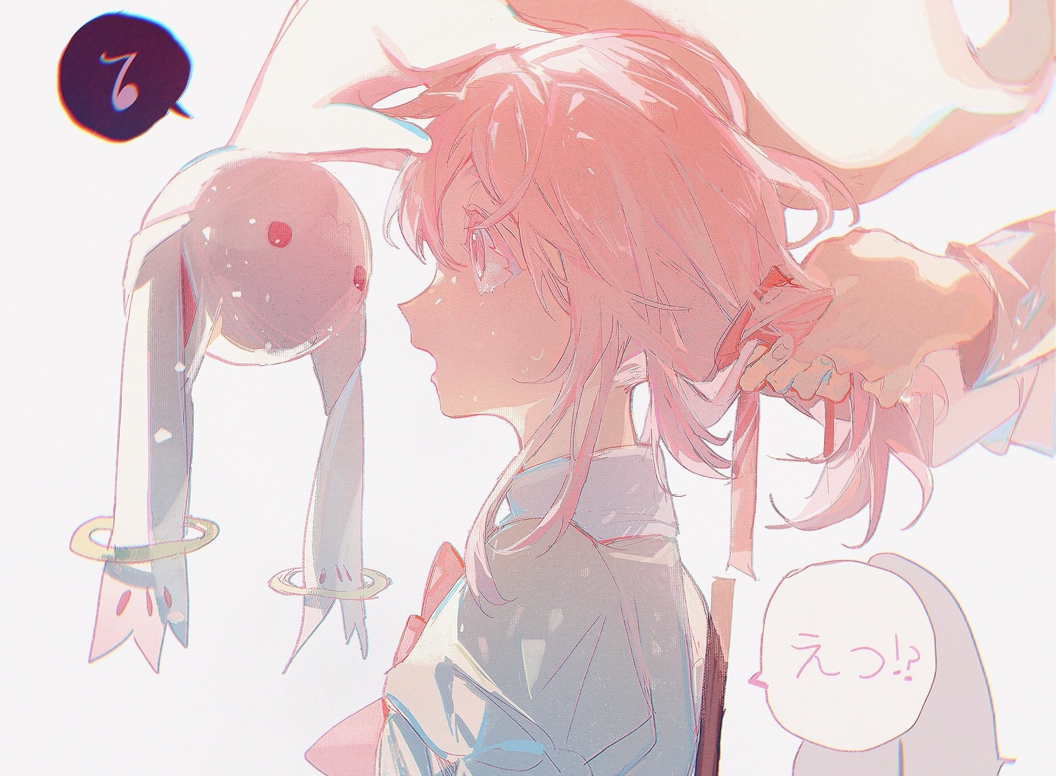 the image is a digital illustration of an anime girl with pink hair. she is wearing a white shirt and has a pink ribbon in her hair. a white bunny with pink ears and eyes is behind her. the image has a soft and pastel color palette, and the girl has a cute and innocent expression. the illustration is in a manga style, with large eyes and exaggerated features.