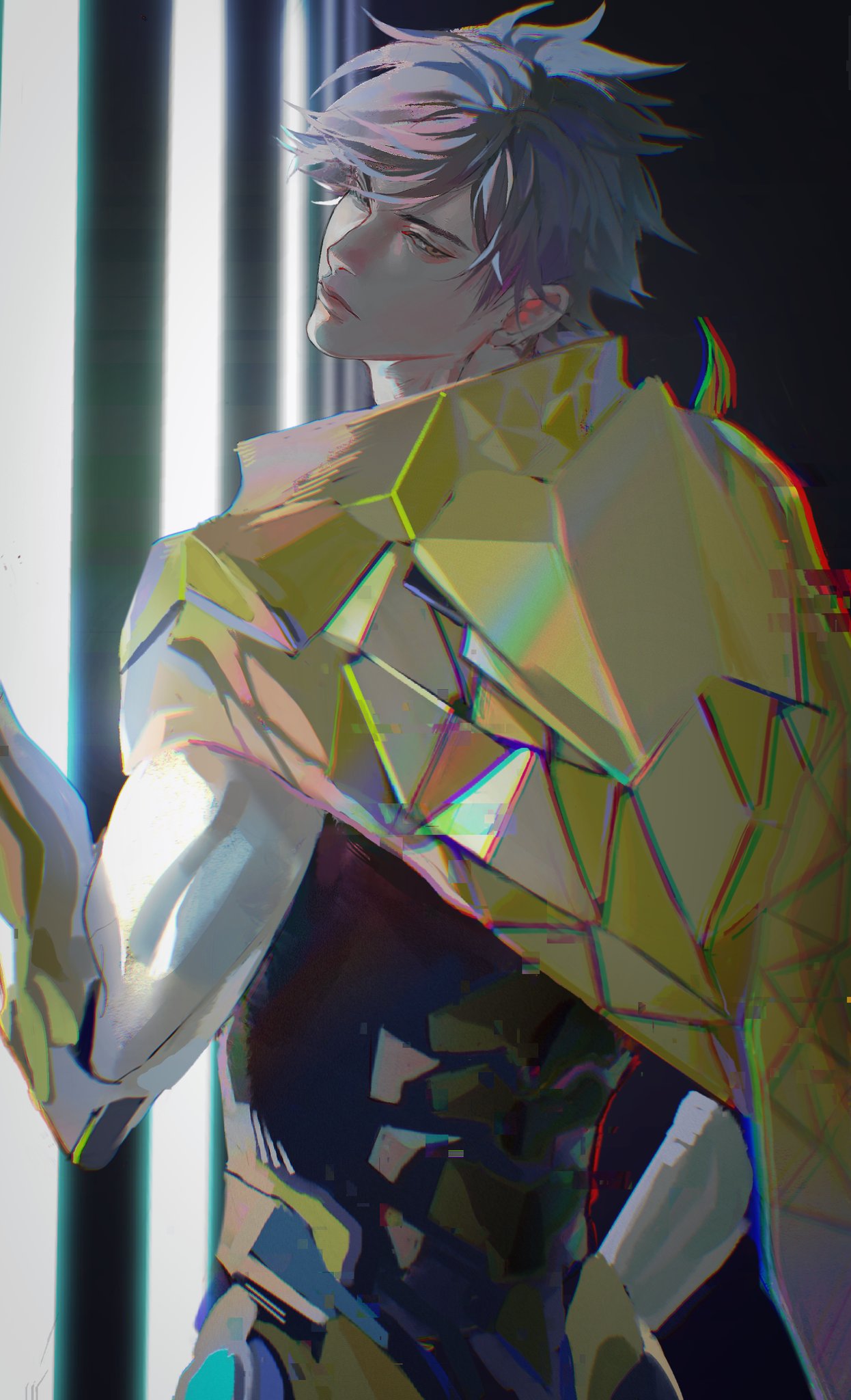 this is an illustration of a young anime boy with white hair and blue eyes. he is wearing a futuristic suit that is colorful and detailed.  he is standing in a room with a futuristic background.  he appears to be posed in a way that is both stylish and mysterious.