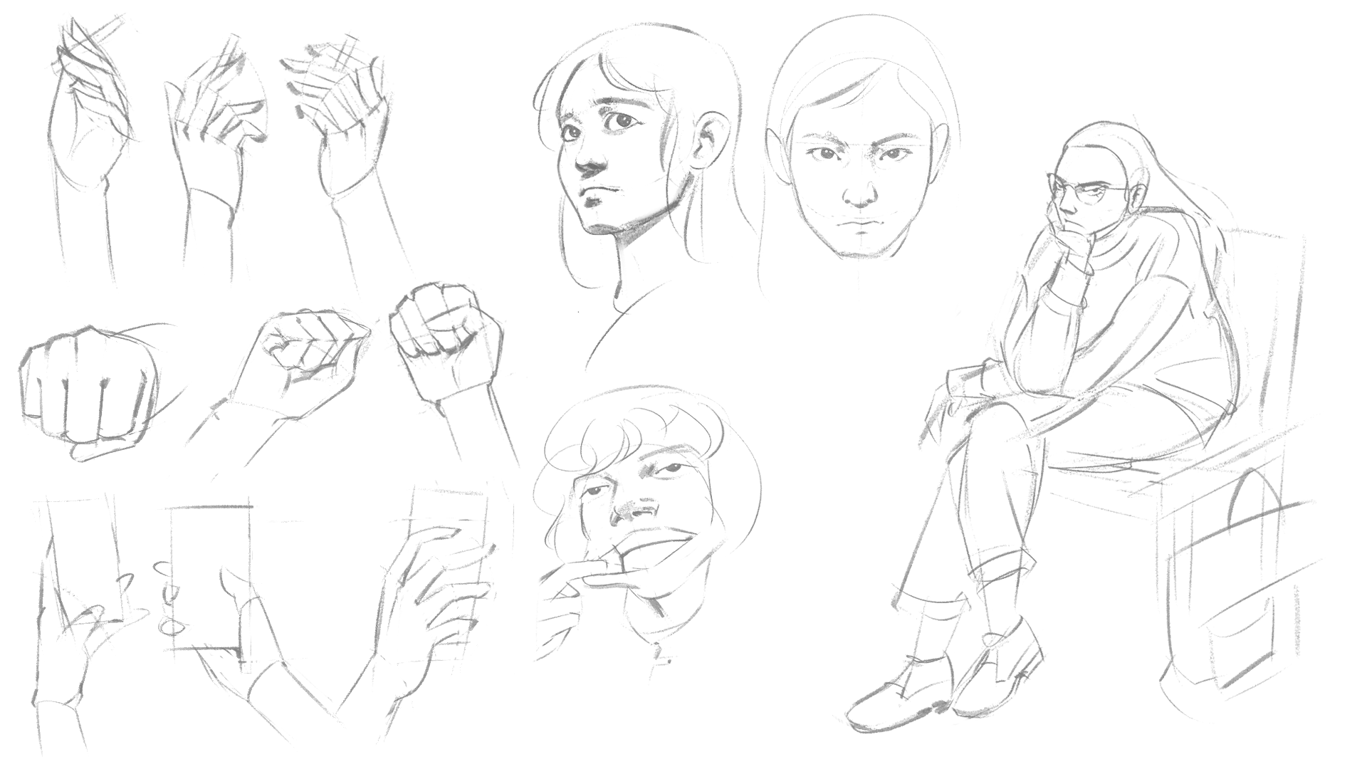 this is a black and white pencil sketch. the image consists of multiple sketches. there are three portraits of women, one is sitting and two are in profile views. there is a sketch of a man in a profile view. the rest of the image is hand gestures in different poses.