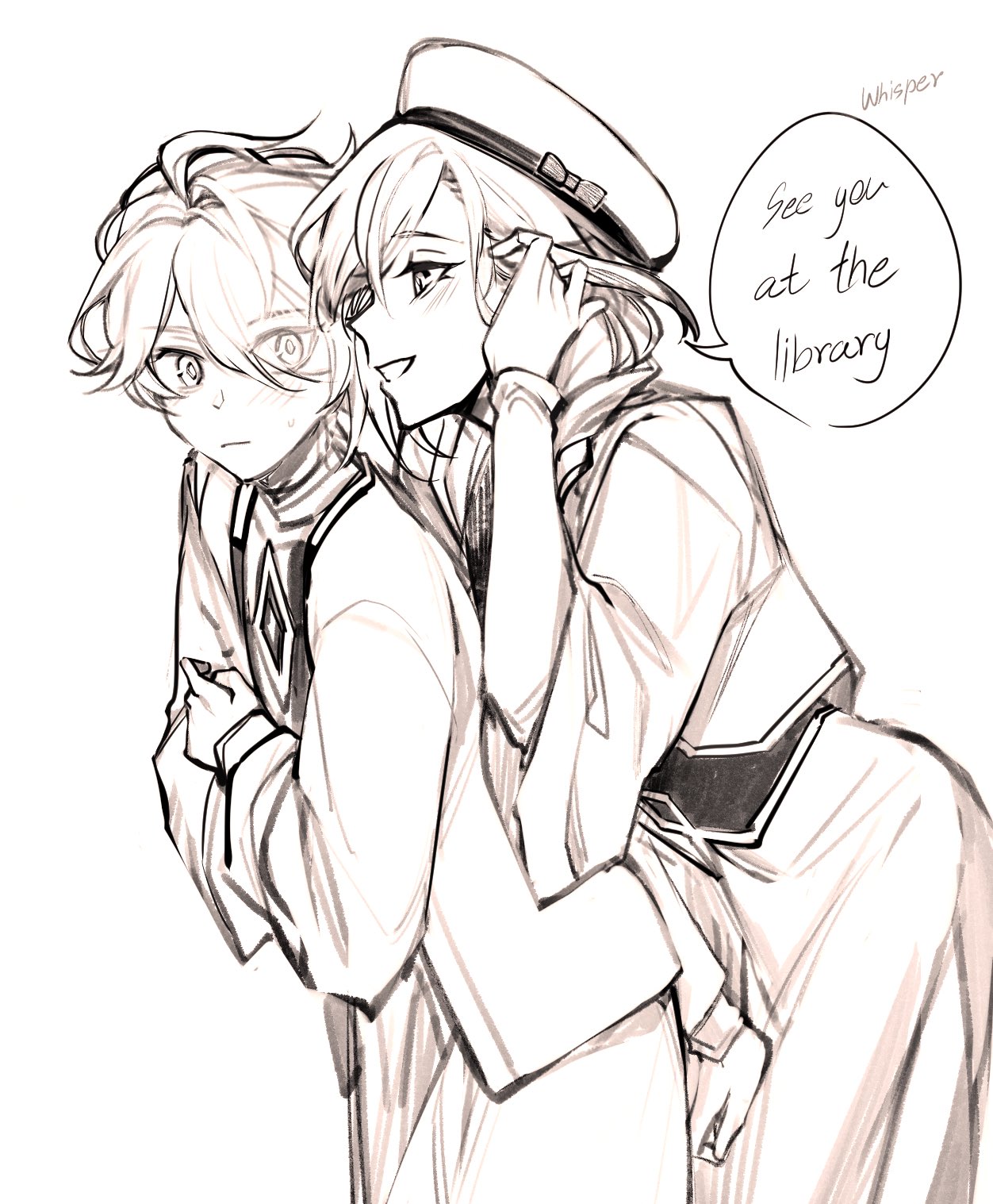 a black and white drawing of two anime characters. the character on the left is a boy with short, messy hair and a smile. he is wearing a jacket and shirt. the character on the right is a girl with long, straight hair and a smile. she is wearing a jacket with a hat. they are embracing and appear to be enjoying their time together. there is a speech bubble with the text "see you at the library" in it. the word "whisper" is written next to it.