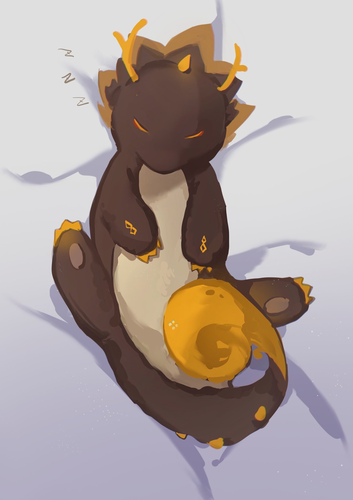 this image is a cute illustration of a brown and yellow dragon curled up asleep on a white bed. the dragon has a peaceful expression on its face, with its eyes closed and its mouth slightly open. it has two large, curled horns on its head, and its tail is curled around its body. the image is rendered in a cartoon style and has a warm and fuzzy feeling. the overall tone of the image is lighthearted and whimsical, and it creates a sense of comfort and wellbeing.