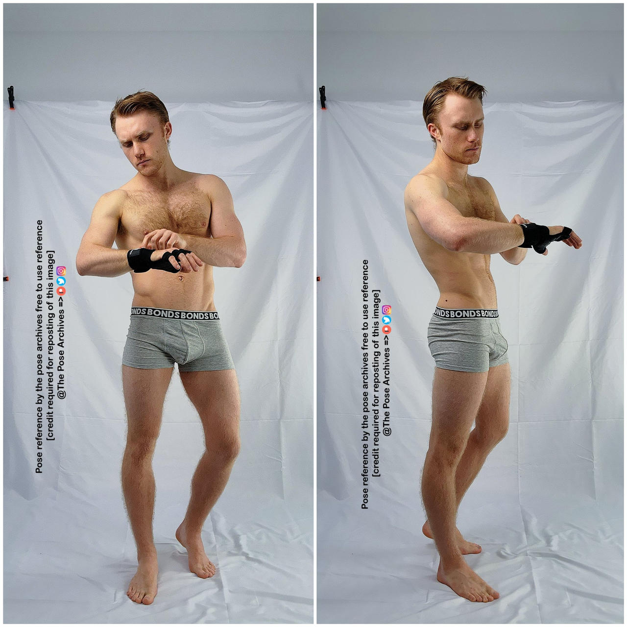 a caucasian male with brown hair is standing with his feet shoulder width apart while wrapping his hands with black boxing hand wraps. he is wearing gray boxer briefs and has an athletic build. the background is a plain white wall. the lighting is artificial and the image is taken from eye level.