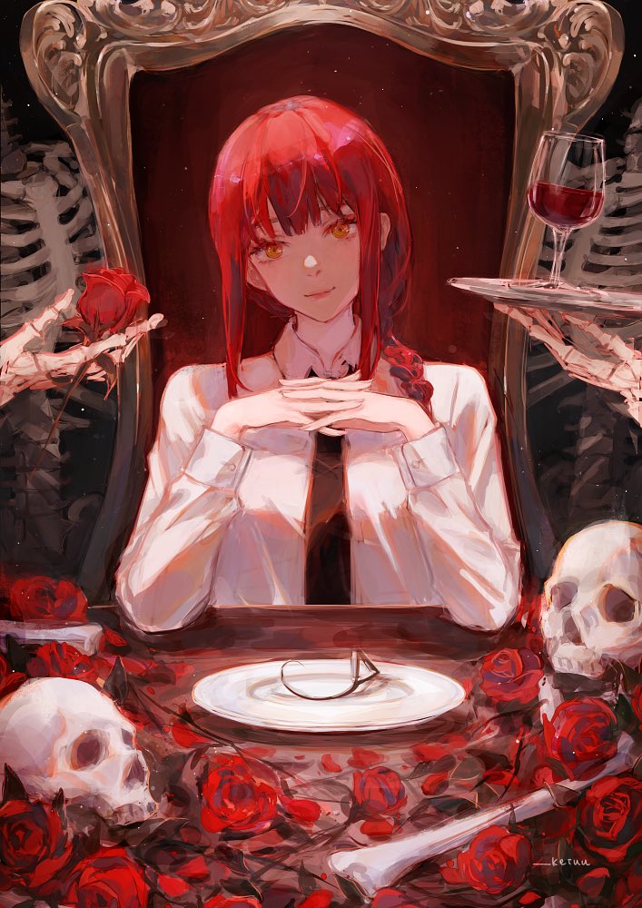 the image is a digital painting or illustration of a young animestyle woman with long, bright red hair. she is elegantly dressed in a white collared shirt and a dark tie. she sits in an ornate chair set against a dark backdrop featuring skeletal hands and skulls. the table before her is adorned with red roses, skulls, and bones, creating a gothic and macabre atmosphere. a glass of red wine sits on a nearby tray held by a skeletal hand, further enhancing the dramatic setting. the overall style is detailed and expressive, incorporating elements of fantasy and dark romanticism.