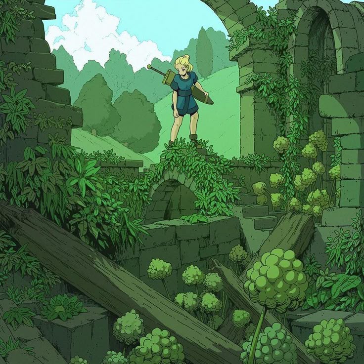 the image depicts a blondehaired individual in blue clothing, carrying a sword on their back, standing atop an archway covered in vegetation amidst ruins. the ruins are made of stone and are partially overgrown with plants and grass. a hill and a green landscape can be seen in the background under a blue sky with scattered clouds. there are wooden logs in the foreground.