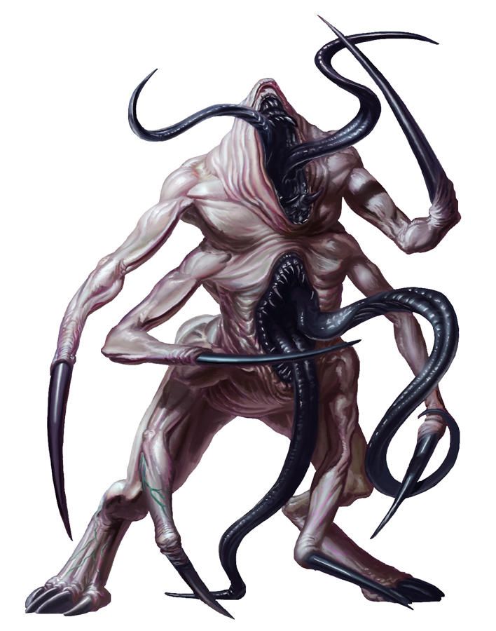 a grotesque and horrifying creature with a humanoid body and long, sharp claws. it has black tentacles coming out of its body and is on a white background. the creature appears to be a demonic or alien entity. it has a gaping maw with sharp teeth and a twisted expression. the creature has a horrifying, nightmareinducing appearance, with its grotesque features and sharp claws.