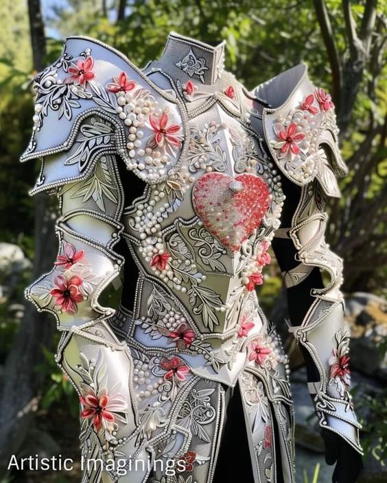 a stunning, intricately crafted suit of silver armor stands adorned with delicate pink flowers and pearly accents. a large, sparkling heart, crimson with intricate detailing, takes center stage on the chest. the armor, likely sculpted, embodies a captivating fusion of strength and beauty, suggesting a warrior with a tender heart. the natural light and verdant background further enhance the ethereal quality of the piece.