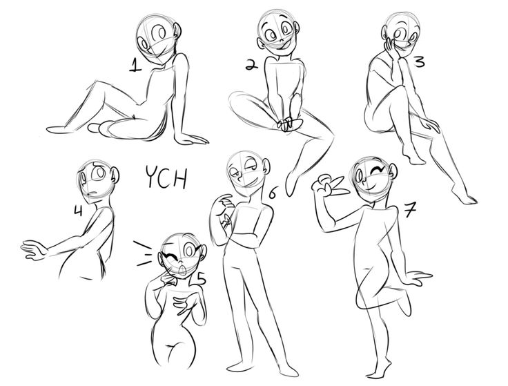 this is a drawing of a character in different poses. there are seven characters drawn in different poses, each with different expressions. the characters are all in a simple line art style and can be used as a reference for drawing.