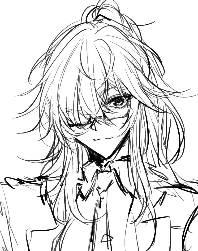 this is a sketch of an anime girl with long flowing hair, wearing glasses and a collared top. the sketch is drawn in black and white with fine lines. the girl has a youthful and cute expression.