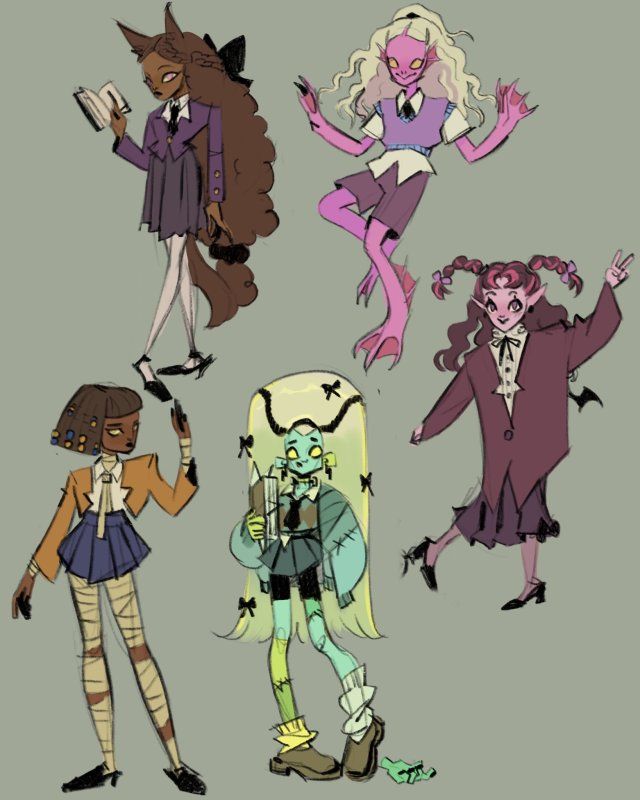 the image is a digital illustration of 5 cartoon monster girls in school uniform. they are all drawn in a semirealistic style with vibrant colors. the girls are wearing a variety of outfits, but they all have monster features and accessories, such as fangs, tails, and claws. they are all drawn in different poses, some are holding books, some are standing, and some are jumping. the background is a light gray color.