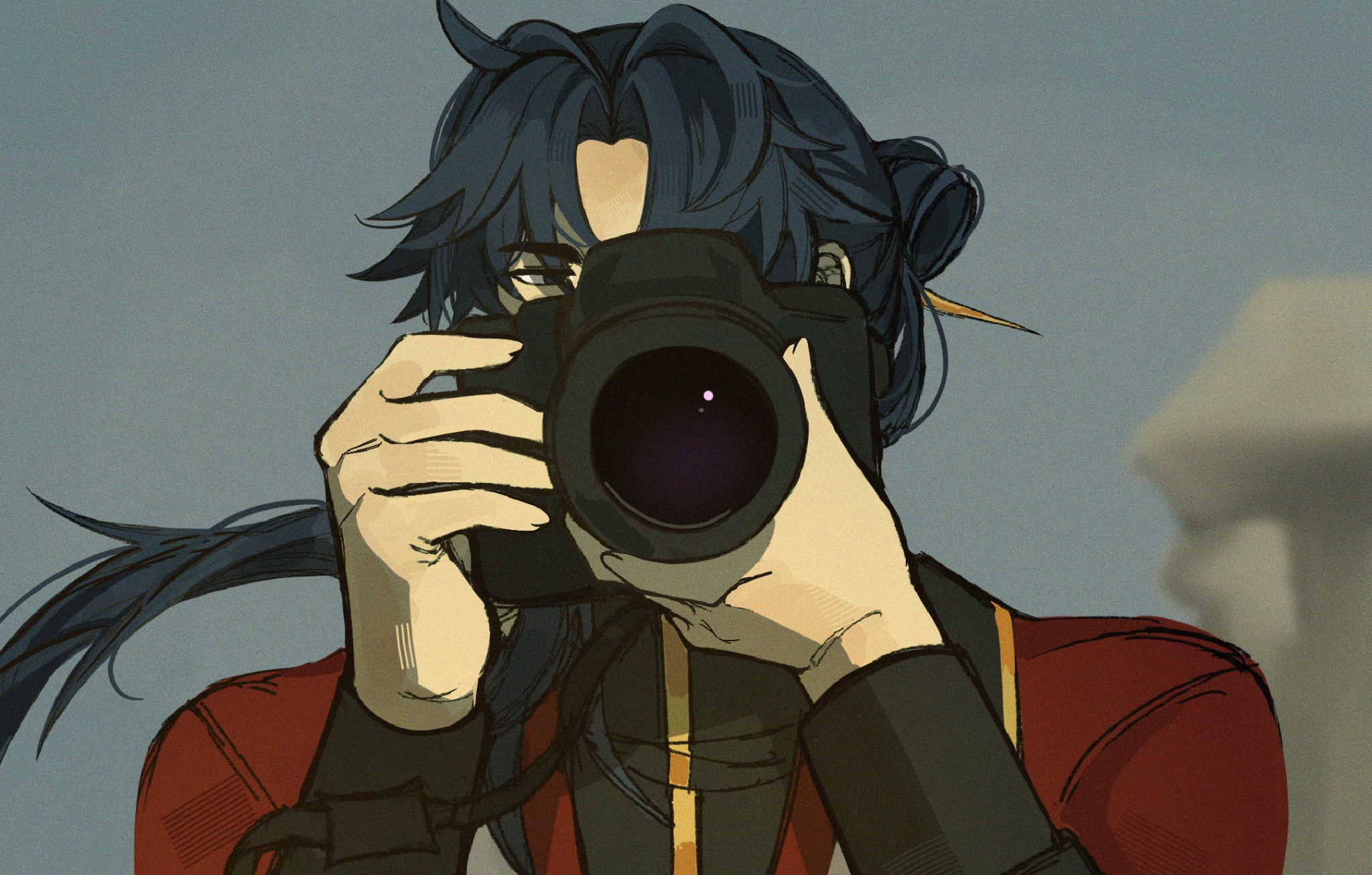 a cartoon drawing of a male anime character with blue hair and a red jacket is looking through a camera. he's focused on taking a photo. the art style is digital and detailed. the background is blurry and appears to be a building.