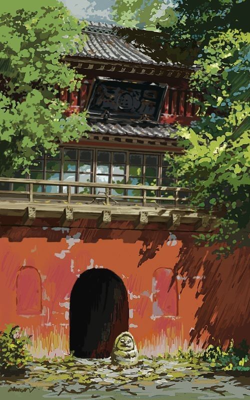 the image is of a traditional japanese building with red walls and a gray tile roof. there is an archway entrance at the bottom with a small green statue outside. lush green trees and foliage flank the building on both sides. the style is reminiscent of a studio ghibli film.  the building appears to be a temple or some sort of traditional structure.