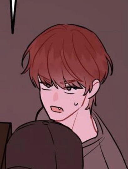 the image is a closeup illustration of a young anime/mangastyle male character. he has short, reddishbrown hair styled with bangs that partially cover his eyes. he appears to be a teenager or young adult, with soft features and a slight blush on his cheeks. his expression is a subtle smirk. he is wearing a grey crewneck shirt and a darkcolored cap is partially visible on his head. the art style is reminiscent of a webtoon or manhwa, with soft lines and a slightly muted color palette.  the background is a simple, indistinct dark pinkishgrey.  the character appears relaxed yet slightly mischievous.