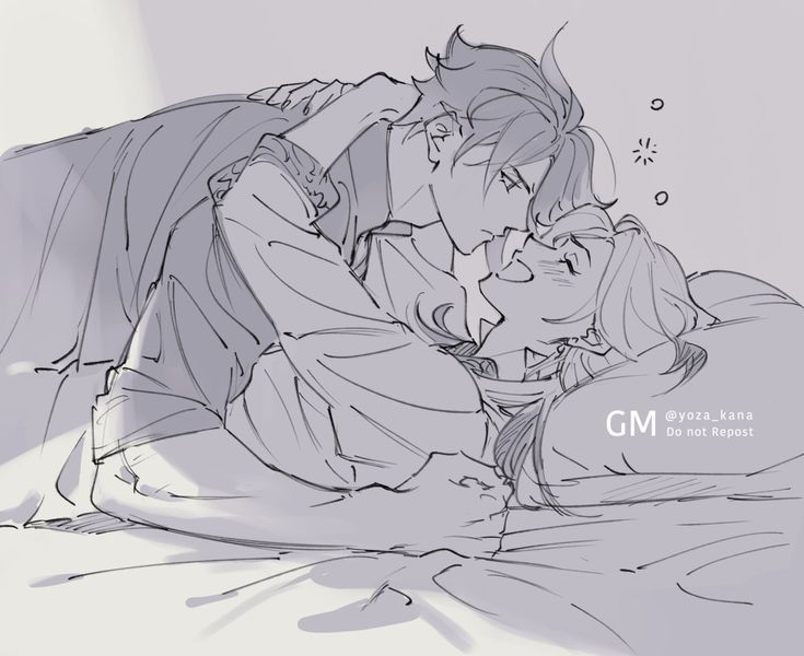 the image is a monochrome sketch depicting a tender moment between two animestyle male characters. they are lying in bed, intertwined and close to each other, possibly sleeping or just waking up. one character has dark hair, and the other has lighter, longer hair. the scene is serene and intimate, evoking feelings of love and affection. the art style is soft and sketchy, giving it a warm and personal touch. the overall mood is peaceful and romantic.
