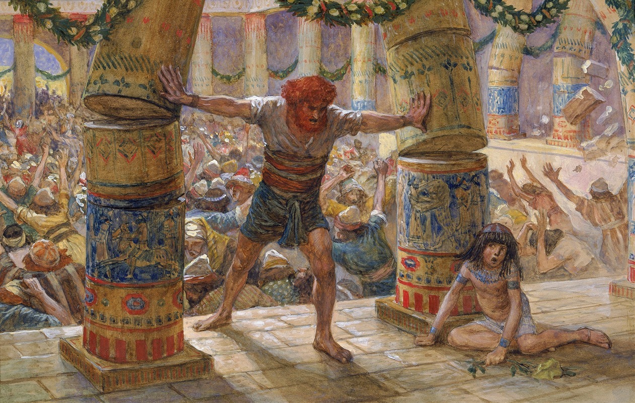 this painting depicts the biblical story of samson collapsing the pillars of a philistine temple. samson, a muscular man with red hair, stands between two large pillars, his arms outstretched as he pushes them. a crowd of people, seemingly philistines, are in the background, some raising their hands in fear or shock. a child is crouching near one of the pillars, looking up in alarm. the architecture suggests a grand temple, with decorated columns and garlands. the overall scene conveys destruction, tragedy, and the climax of samson's story.