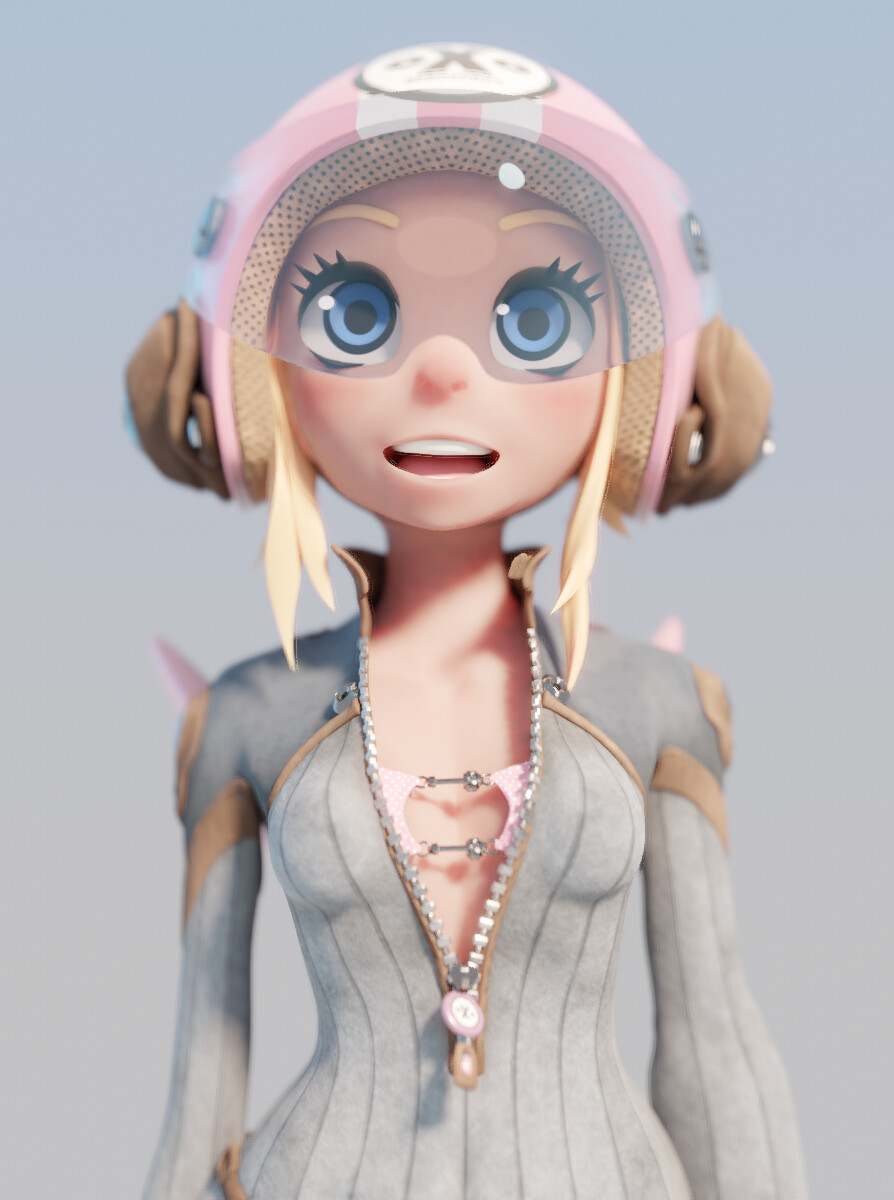 a 3d anime character, a girl with pink and white helmet, grey jumpsuit, blue eyes, standing and looking to the left side.